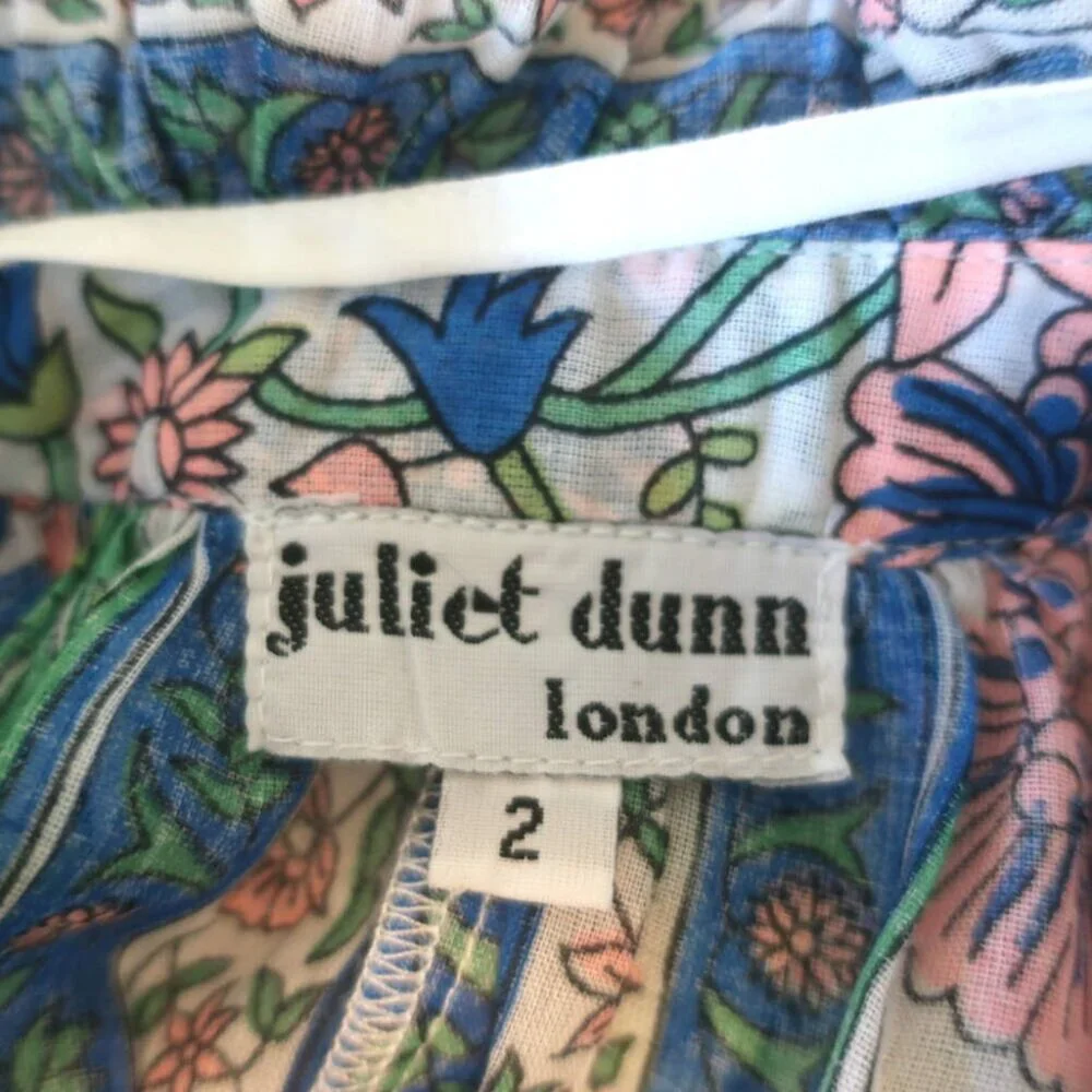 Juliet Dunn Blouson Tie-Waist Mini Dress White Rose Border Print Cotton Size 2 - Picture 5 of 7
